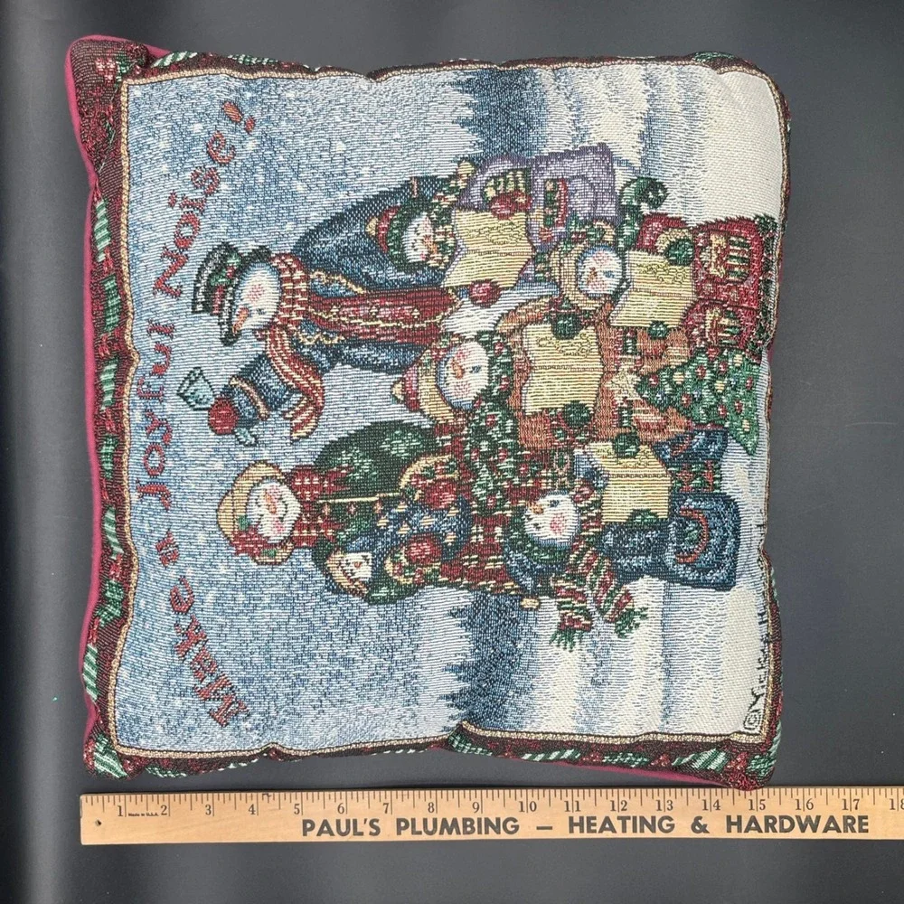 Vicky Howard Make a Joyful Noise Snowman Tapestry Christmas Pillow 15x15 Red Vtg
